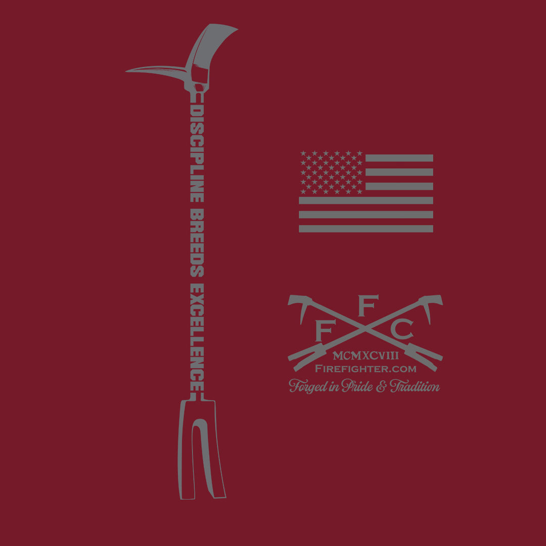 A graphic design on a solid dark red background, featuring a gray silhouette of a firefighter's pickhead tool with the words 'DISCIPLINE BREEDS EXCELLENCE' printed vertically, alongside a gray American flag and a crossed-pickhead emblem with 'F.F.C. #color_cardinal-red