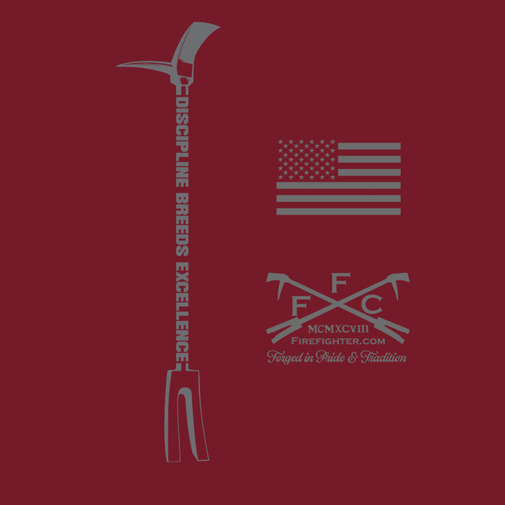A graphic design on a solid dark red background, featuring a gray silhouette of a firefighter's pickhead tool with the words 'DISCIPLINE BREEDS EXCELLENCE' printed vertically, alongside a gray American flag and a crossed-pickhead emblem with 'F.F.C. #color_cardinal-red