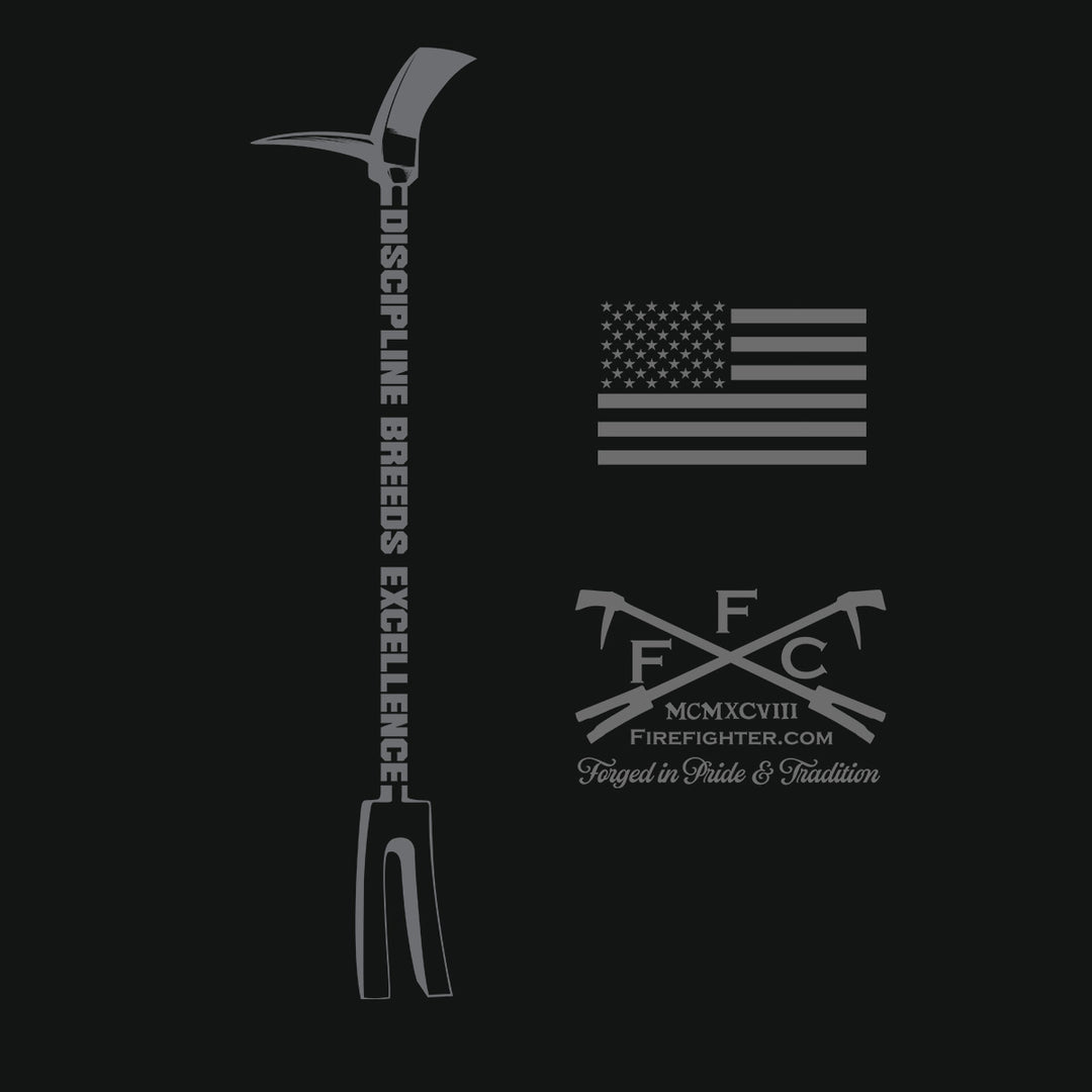 A dark graphic design featuring a firefighter pickhead tool on the left with vertical text reading 'DISCIPLINE BREEDS EXCELLENCE', a gray American flag on the right, and a crossed-pickhead emblem with 'FC', 'MCMXVIII', 'FIREFIGHTER.COM', and 'Forged in Pride & Tradition' below.  #color_black