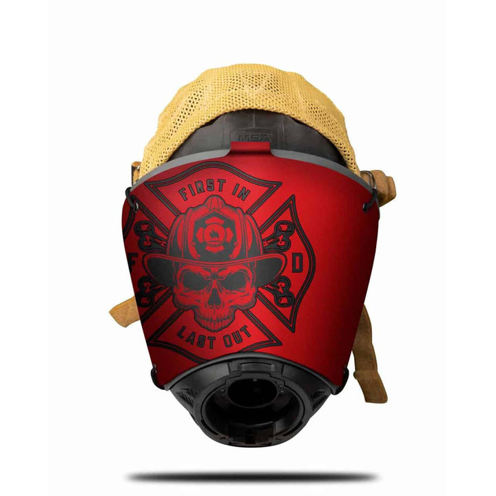 Red fire helmet with skull design and 'First In Last Out' text on a white background