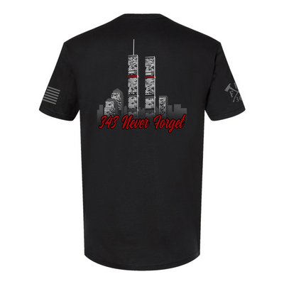 Back view of 9/11 firefighter T-Shirt in black color featuring full-back design features the Twin Towers, with "343 Never Forget" 