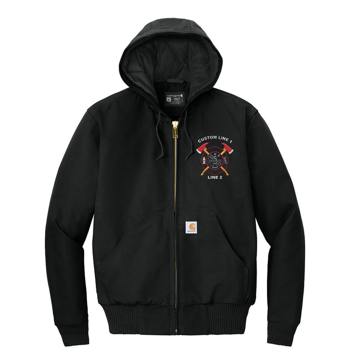 Custom Black Carhartt Jacket for firefighters with Crossed Axe embroidery.