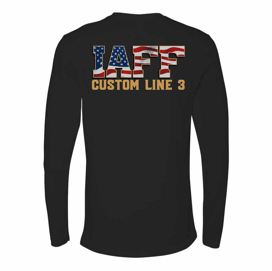 IAFF Firefighter Long Sleeve T-Shirt with a USA flag and Maltese cross.