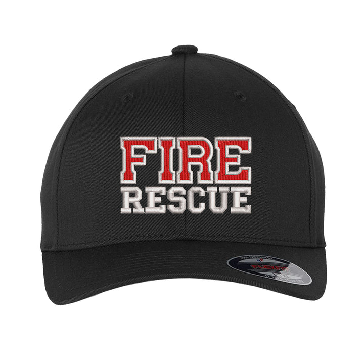 Fire Rescue FlexFit Hat in black, embroidered front logo.