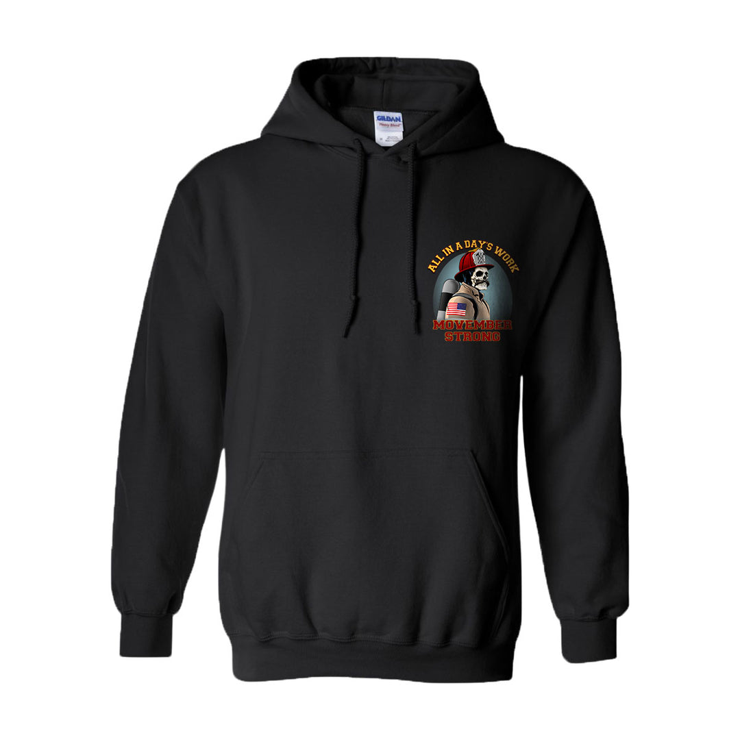 Bold graphic design of a firefighter with a skull mask on the hoodie.