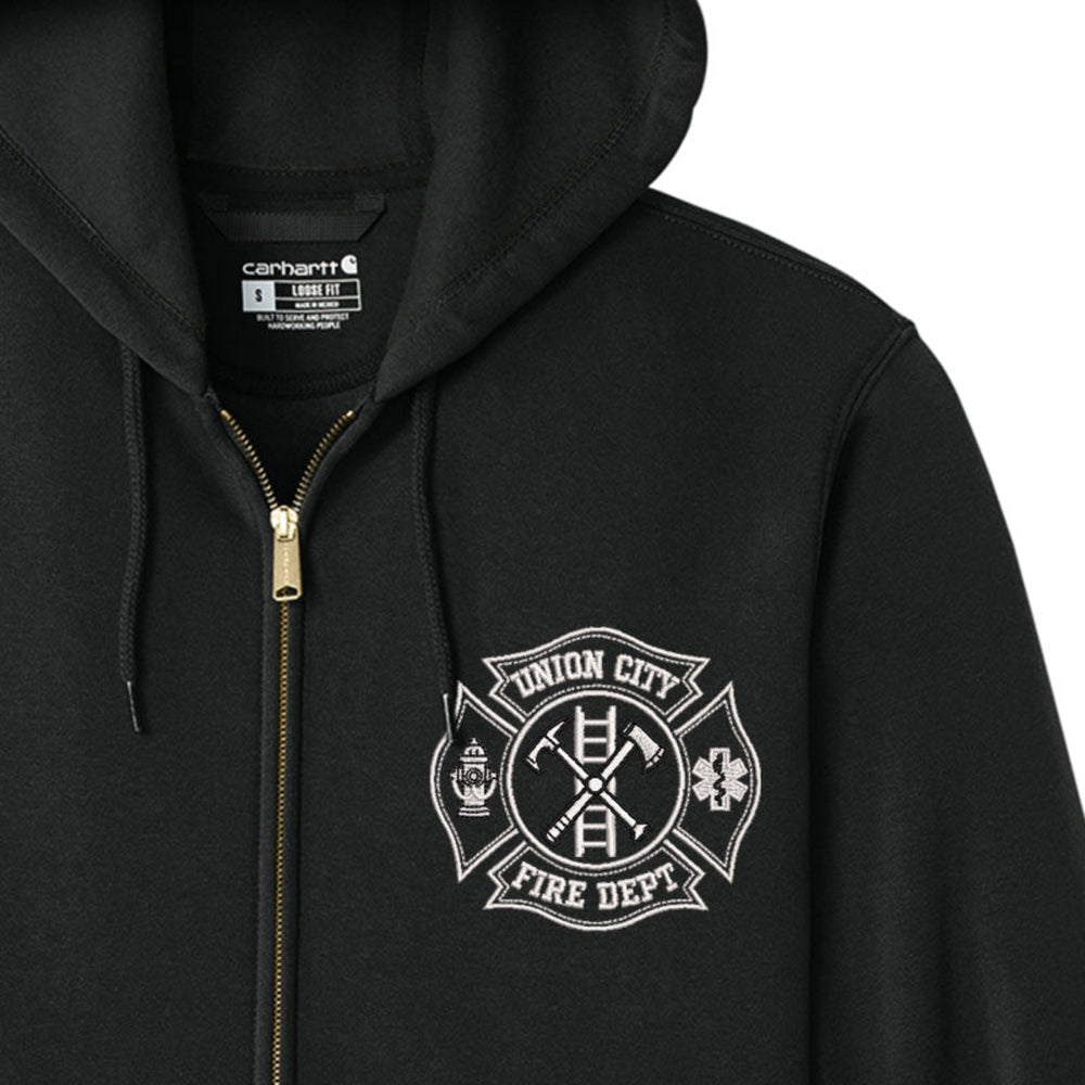 Navy hoodie with 'Union City Fire Dept' logo on a white background #color_black