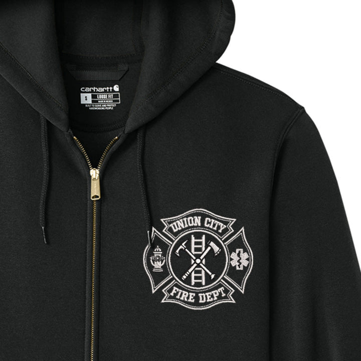 Navy hoodie with 'Union City Fire Dept' logo on a white background #color_black