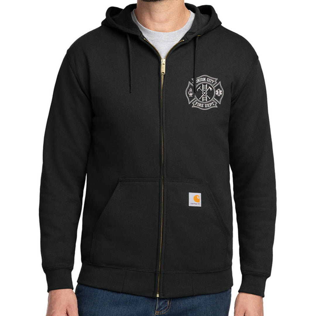 Navy blue hoodie with a logo on the chest against a white background #color_black