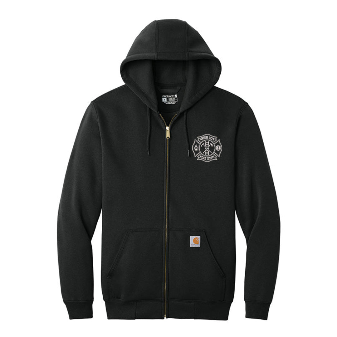 Black hoodie with a logo on the chest against a white background #color_black
