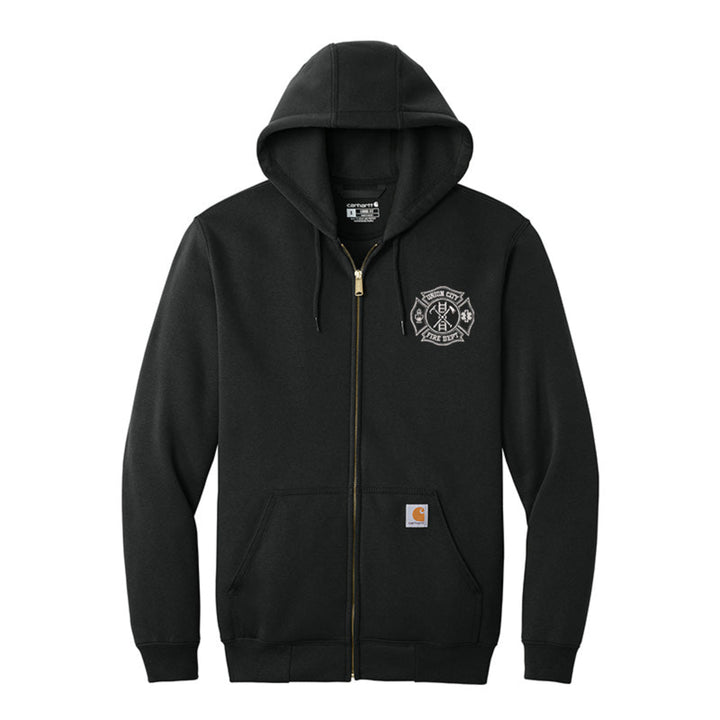 Black hoodie with a logo on the chest against a white background #color_black