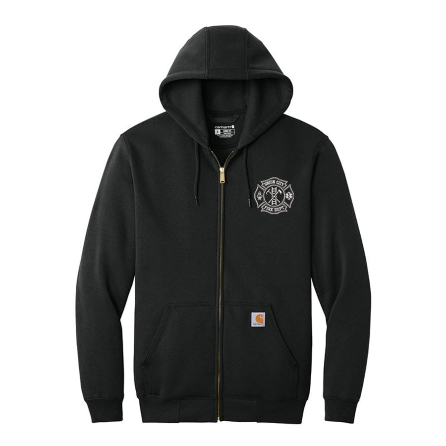 Black hoodie with a logo on the chest against a white background #color_black