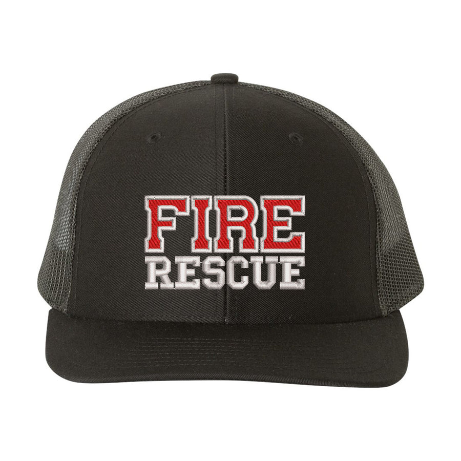 Fire Rescue Snapback Trucker Hat with embroidered logo.