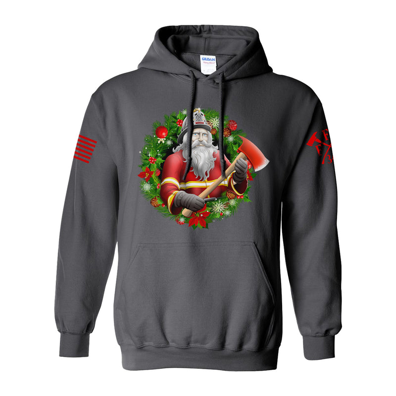 Hoodie jacket for firefighters featuring Christmas wreath graphics.