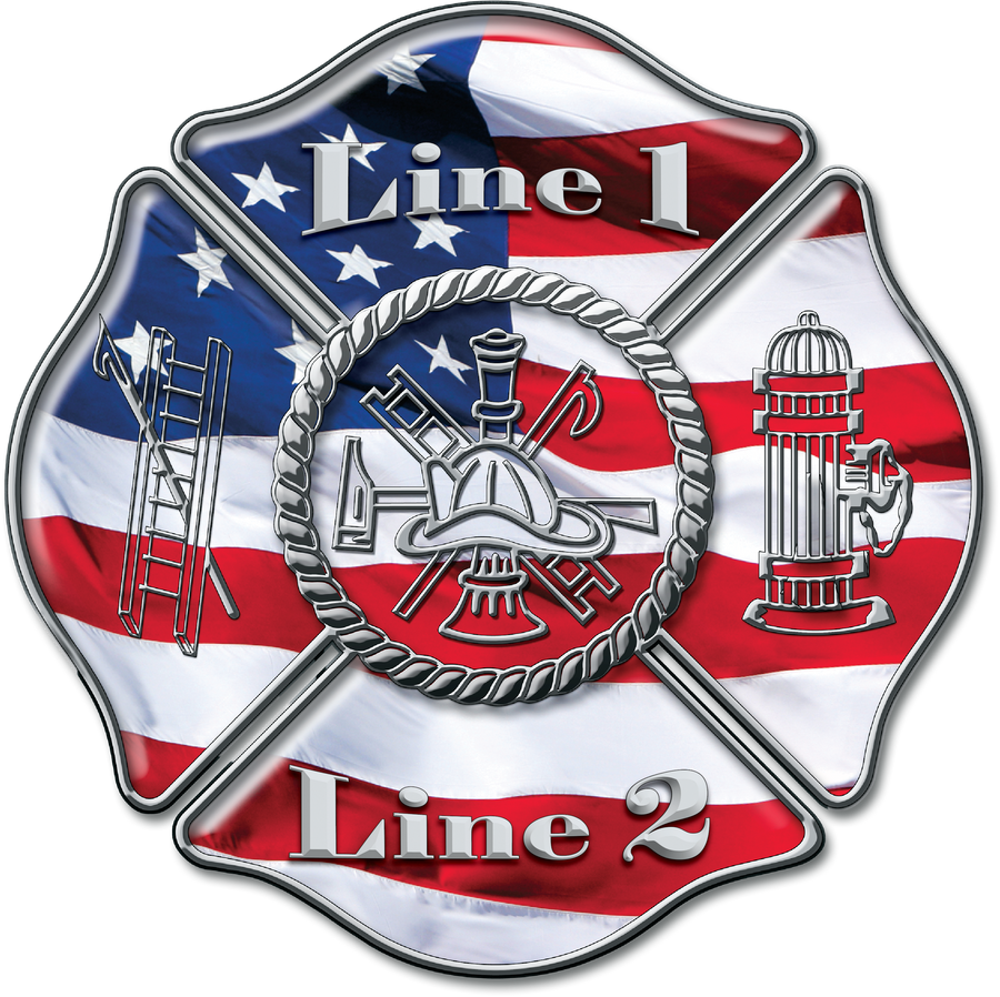 A Maltese cross fire department badge design with crossed ladders and a fire hydrant over an American flag background. The badge is labeled 'Line 1' at the top and 'Line 2' at the bottom, with a silver rope border and silver metallic emblem elements.