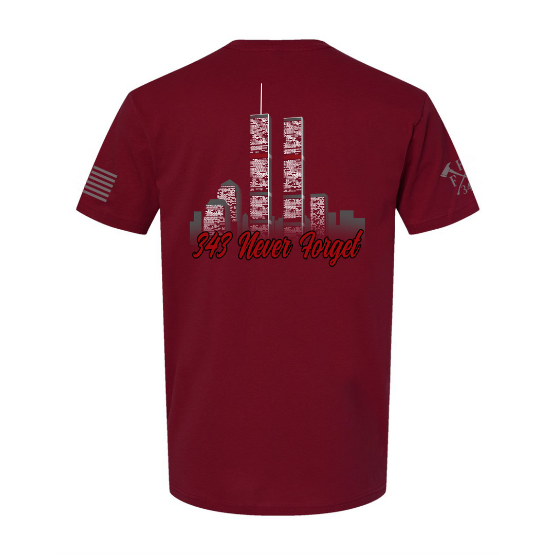 Back view of 9/11 firefighter T-Shirt in cardinal red color featuring full-back design features the Twin Towers, with "343 Never Forget" 