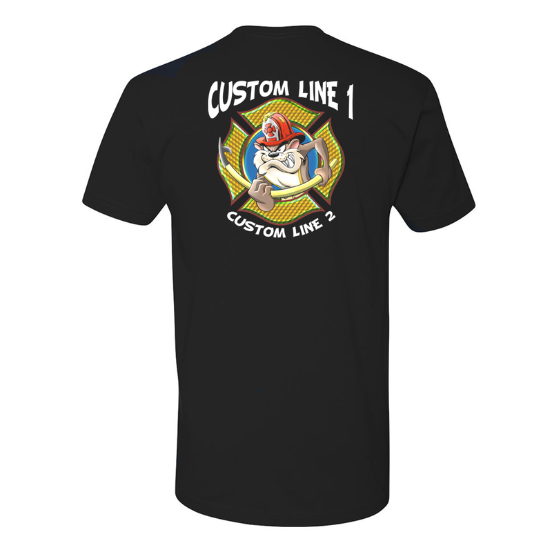Custom Fire Station Shirt Featuring Taz and Gold and Green Maltese Cross