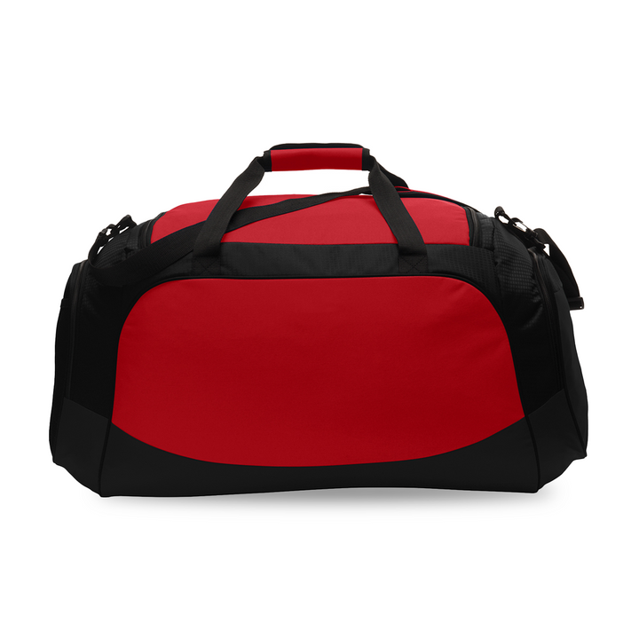 Durable 100% polyester firefighter duffle bag with front pocket and personalized rescue embroidery.