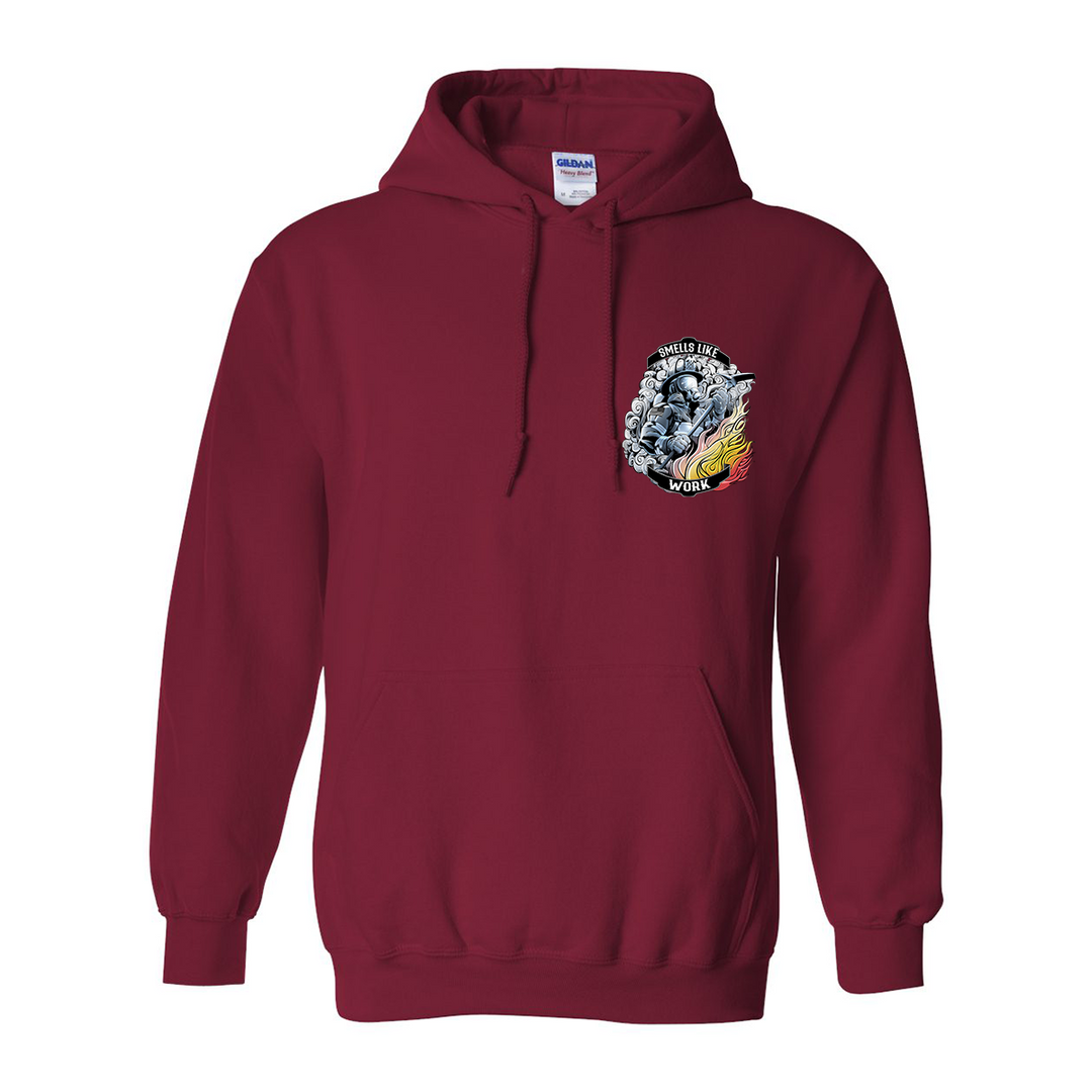 Front view of FFC 343 Smells Like Work hoodie, featuring bold firefighter graphic with halligan bar and smoke.