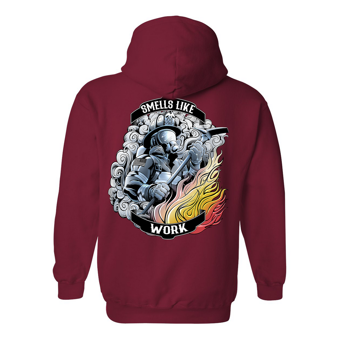 FFC 343 Smells Like Work Premium Hoodie with firefighter graphic, halligan bar, and smoky background.