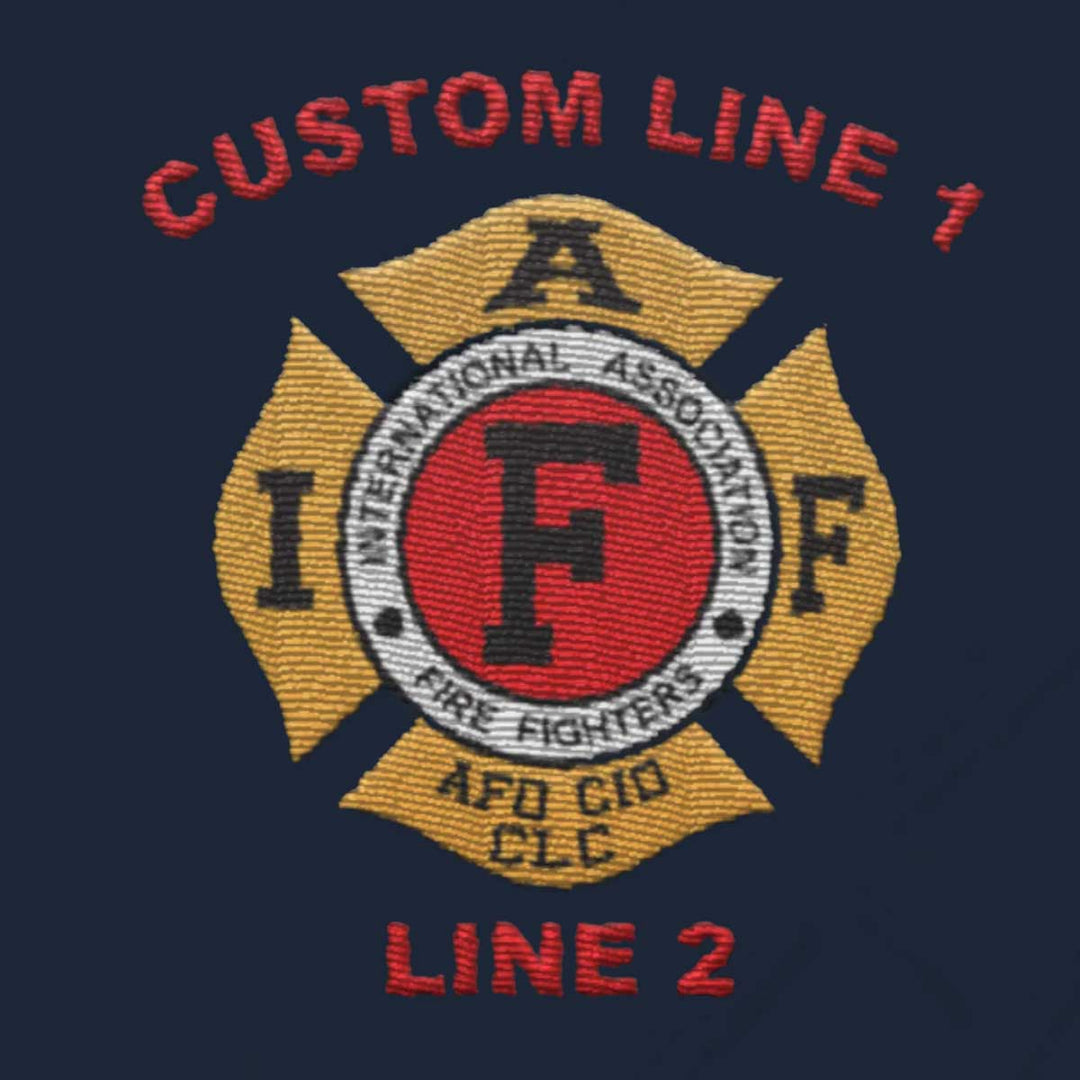 Close-up of IAFF logo embroidery on the duffel bag, representing firefighter pride.