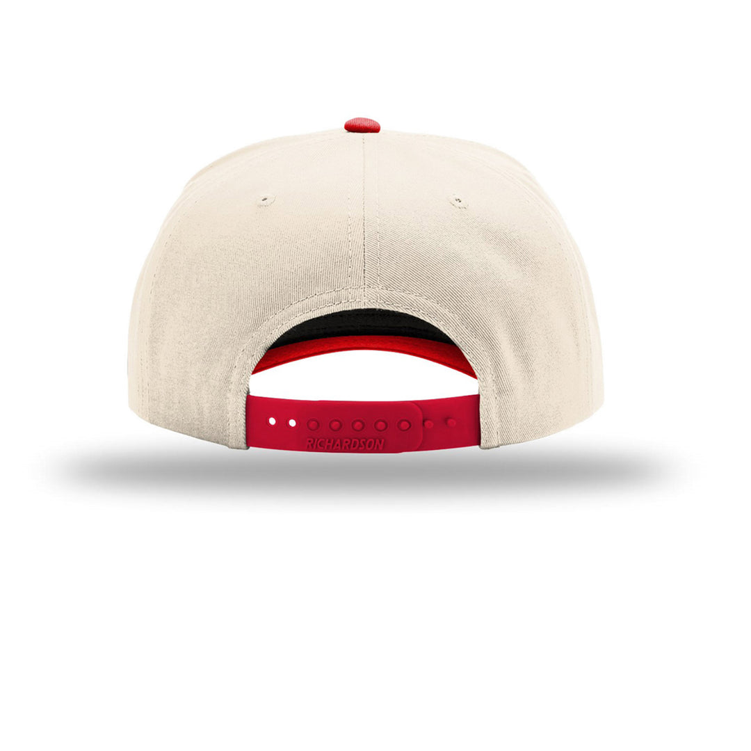 Beige cap with red interior and brim on a white background