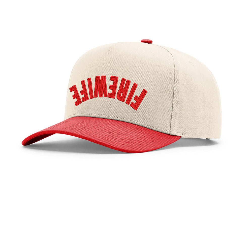 Beige and red cap with 'FIREWIFE' text on a white background
