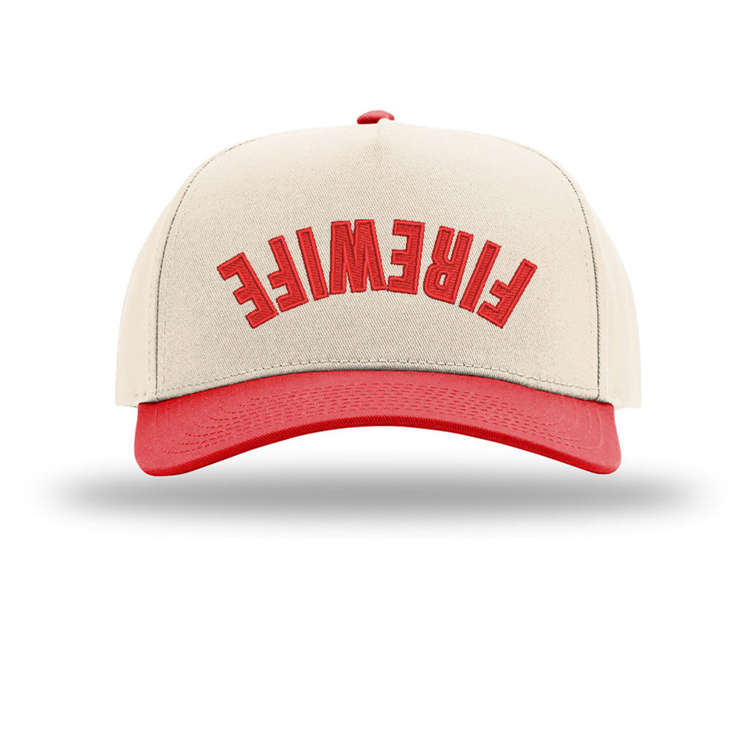 Beige and red cap with 'FIREWIFE' text on a white background