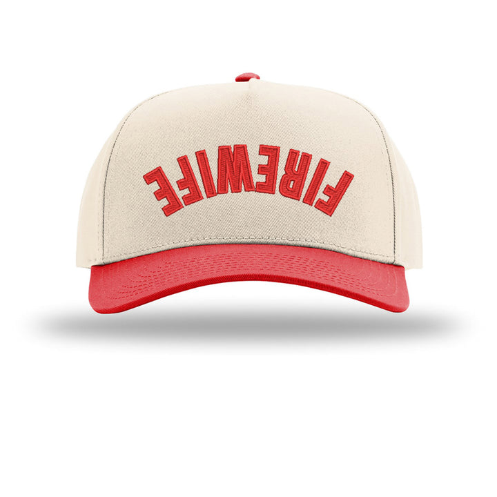 Beige and red cap with 'FIREWIFE' text on a white background