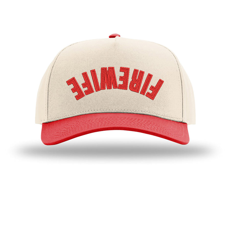 Beige and red cap with 'FIREWIFE' text on a white background