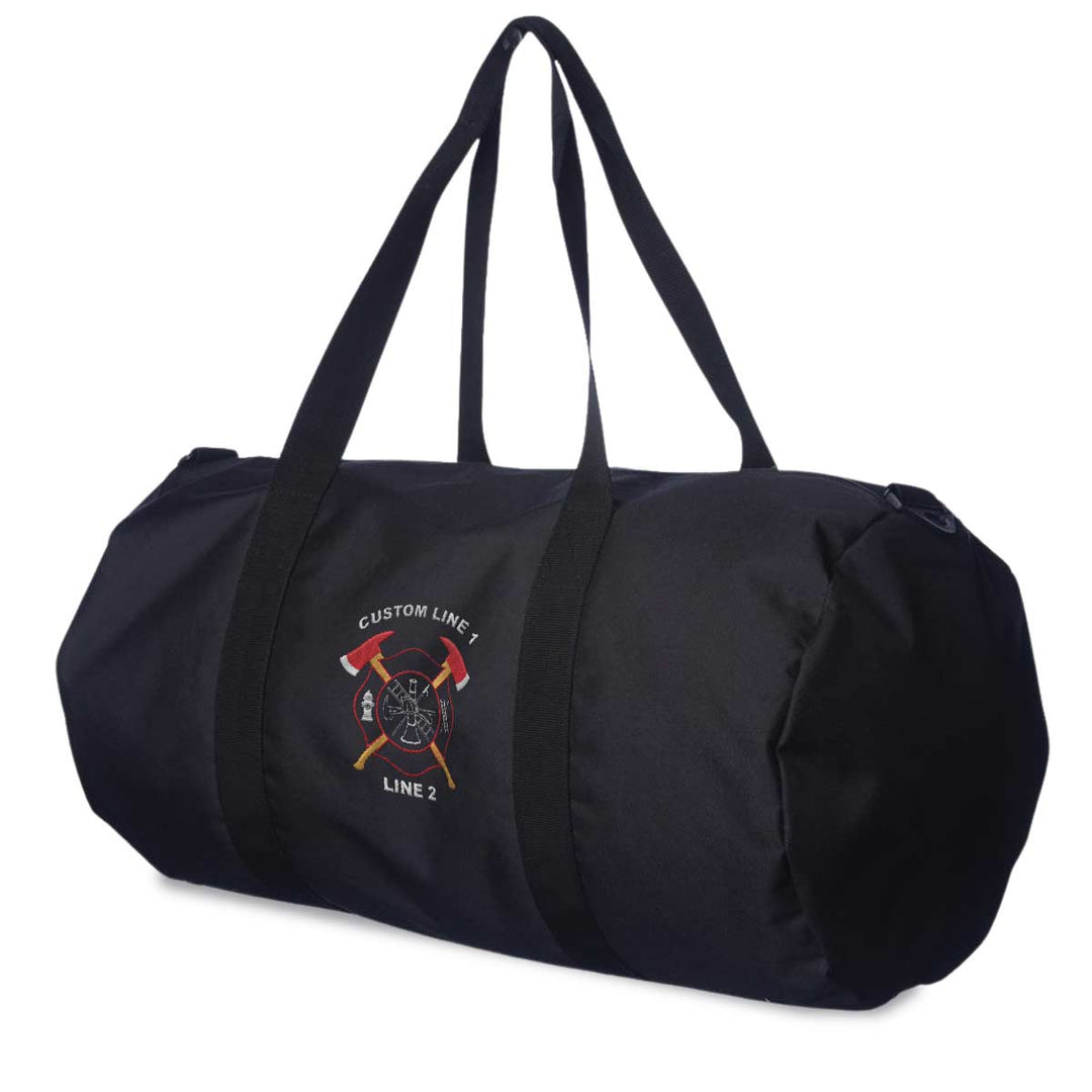 Firefighter duffel bag with Crossed Axes logo, waterproof interior, and customizable text lines