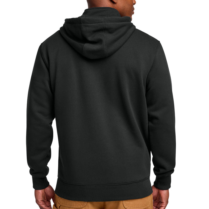 A man viewed from the back wearing a plain black pullover hoodie against a clean white background. #color_black