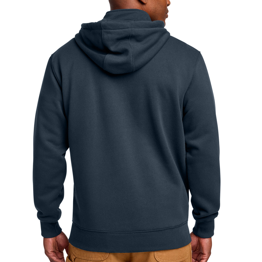 A man viewed from the back wearing a dark navy blue pullover hoodie, paired with tan pants, against a plain white background. #color_navy