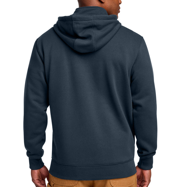 A man viewed from the back wearing a dark navy blue pullover hoodie, paired with tan pants, against a plain white background. #color_navy