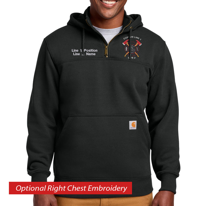A man wearing a black Carhartt quarter-zip hoodie with custom chest embroidery, shown against a plain white background. A red banner at the bottom reads 'Optional Right Chest Embroidery'. #color_black