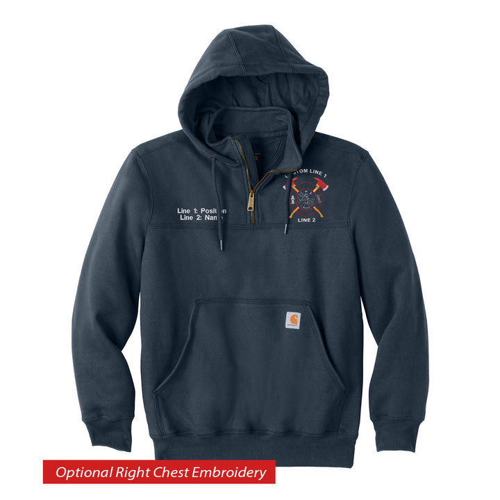 A navy blue quarter-zip hoodie with a drawstring hood and kangaroo pocket, featuring a sample right chest embroidery graphic. A red banner at the bottom reads 'Optional Right Chest Embroidery'. #color_navy