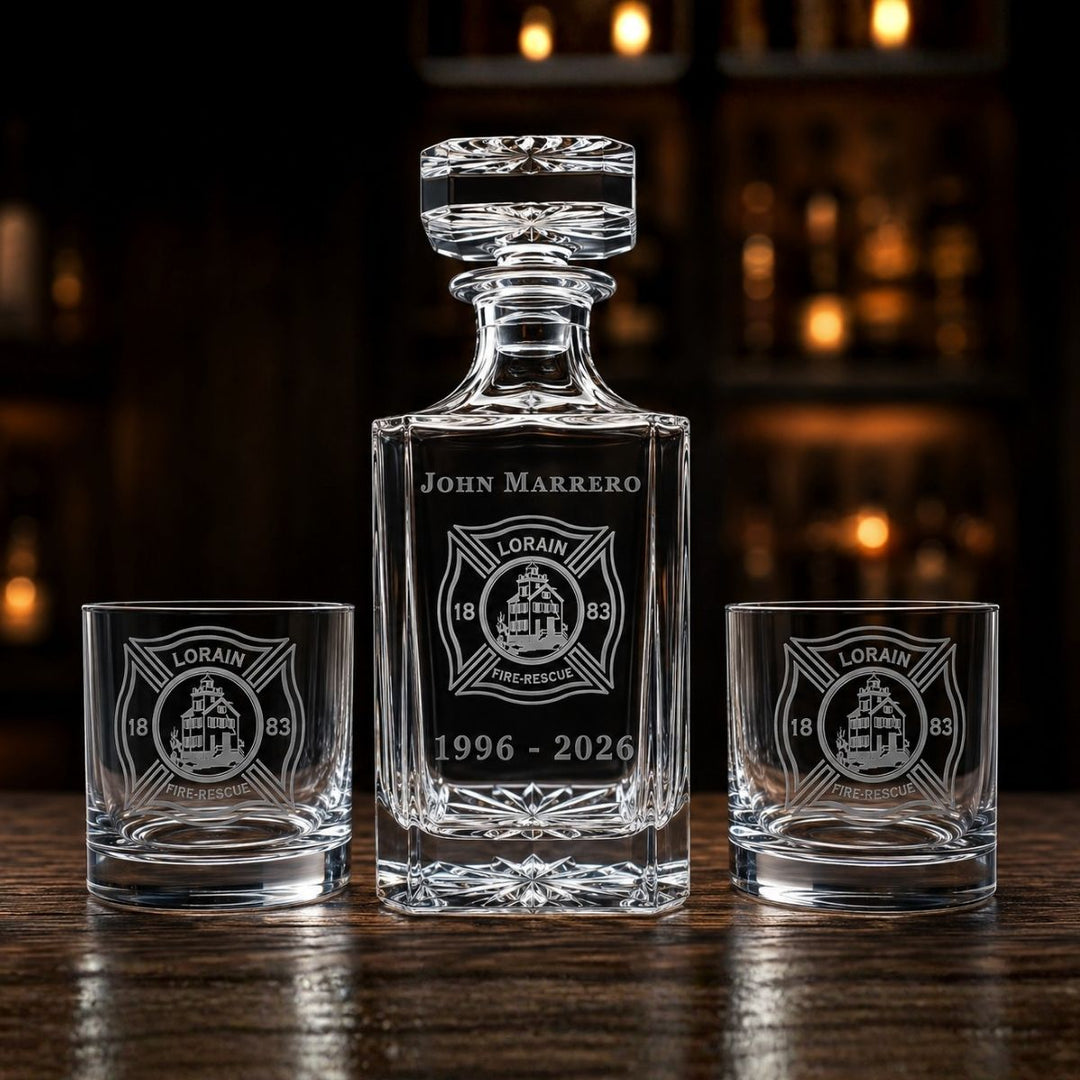 Personalized Firefighter Gift  – Custom Engraved Decanter & Glass Set