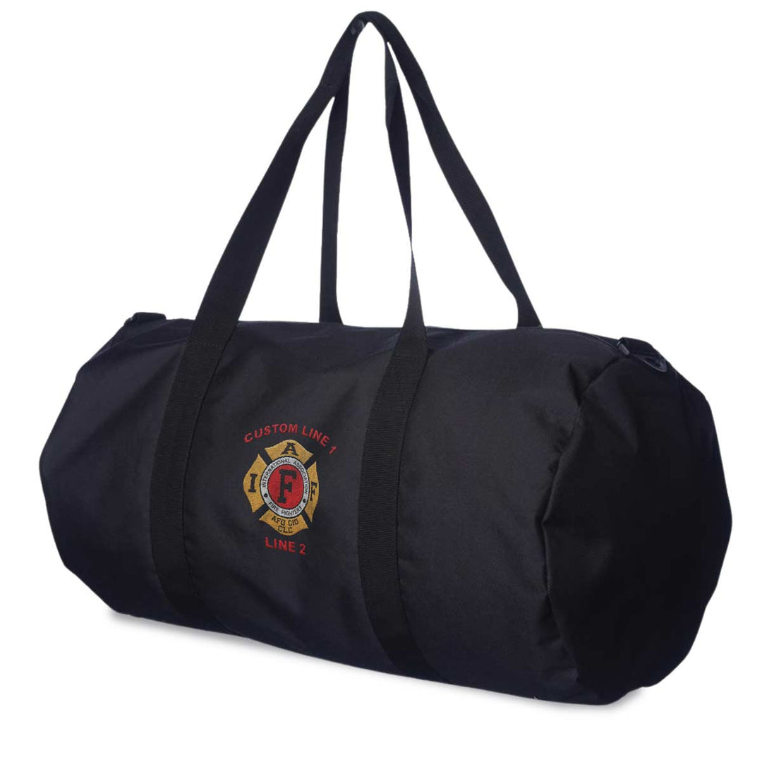 Firefighter duffel bag with IAFF embroidered logo, waterproof interior, and custom lines