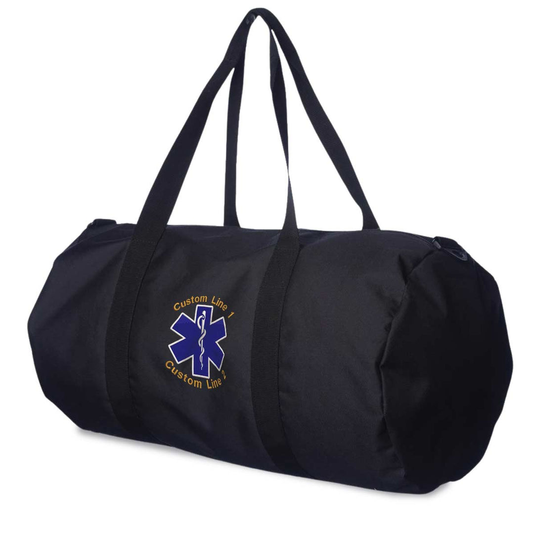 EMS duffel bag with Star of Life logo, waterproof interior, and custom text lines