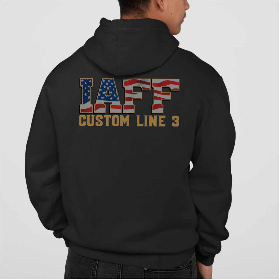 Firefighter IAFF Hoodie featuring the USA flag and Maltese cross design.