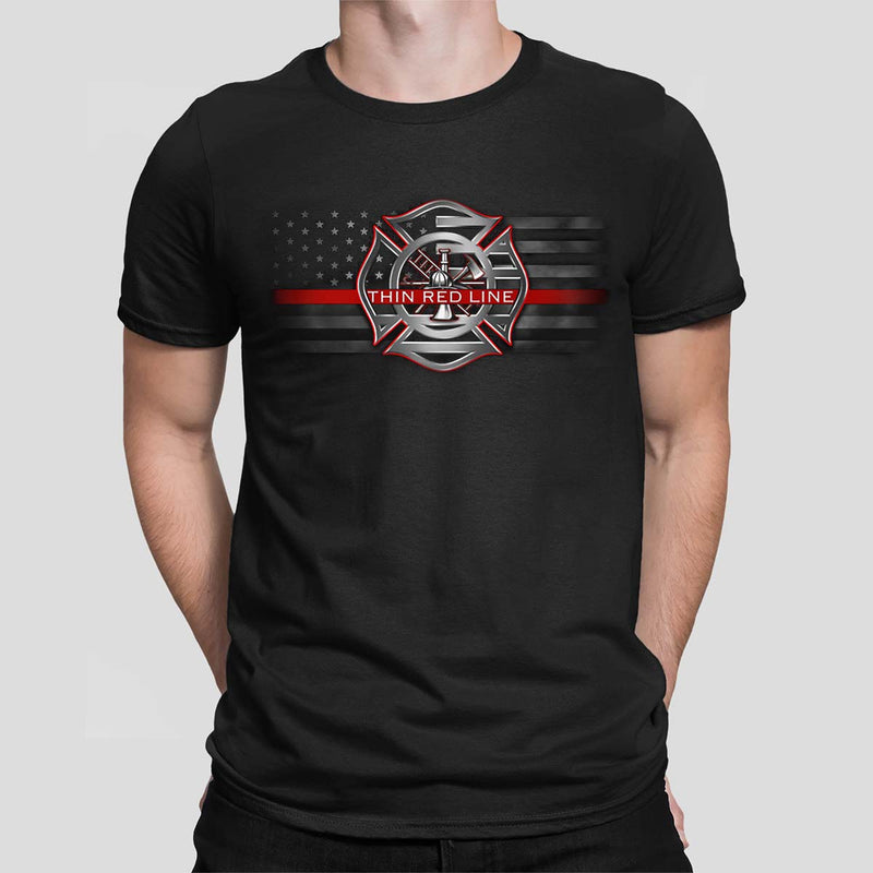 Comfortable firefighter tee with a thin red line emblem to honor fire service