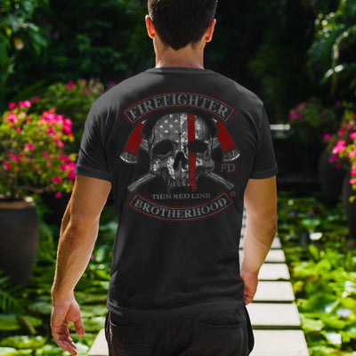 Firefighter Brotherhood T-shirt showcasing a bold red line skull graphic.