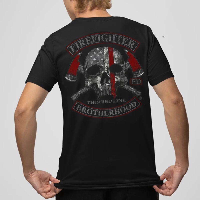 Premium Firefighter Brotherhood T-shirt featuring a skull and red line graphic.