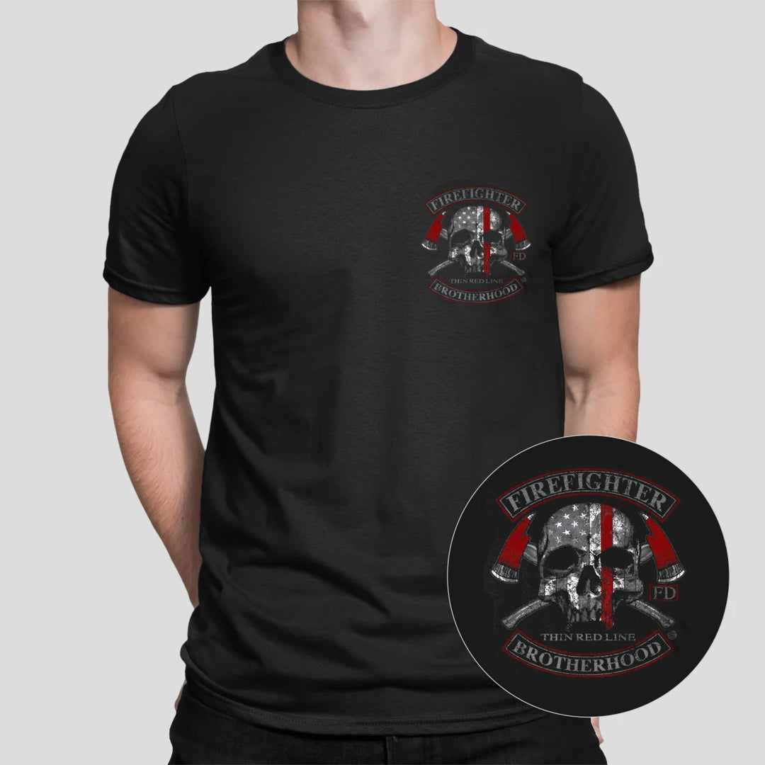 Thin red line skull graphic on Firefighter Brotherhood T-shirt.