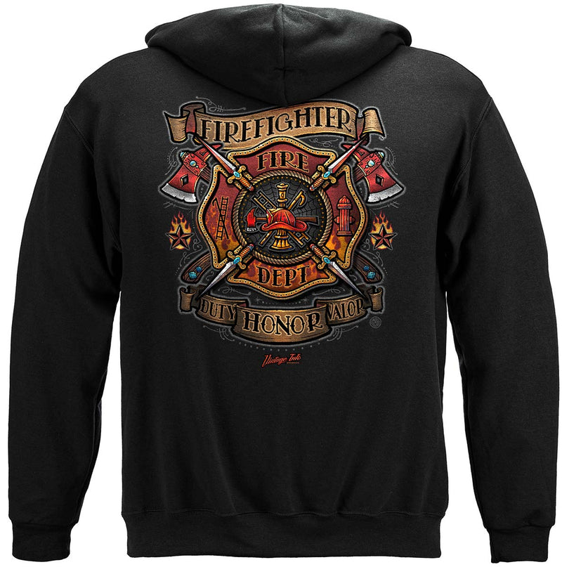 Black Firefighter Duty, Honor, Valor Vintage Tattoo Art Hoodie