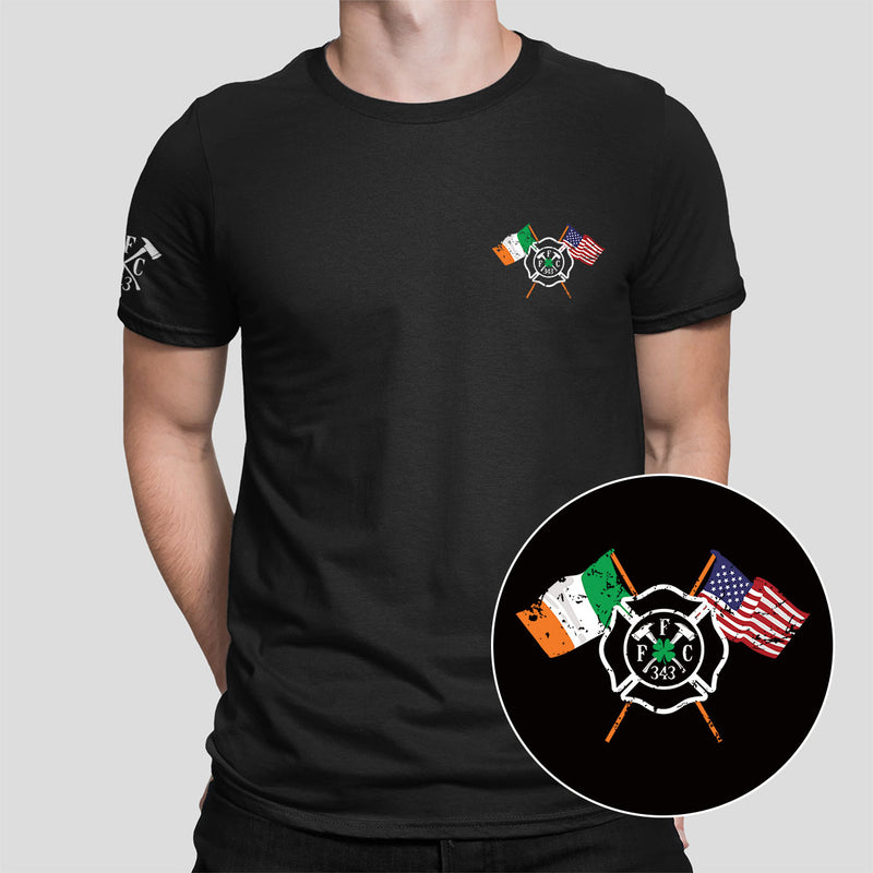 Firefighter t-shirt featuring Irish and American flags