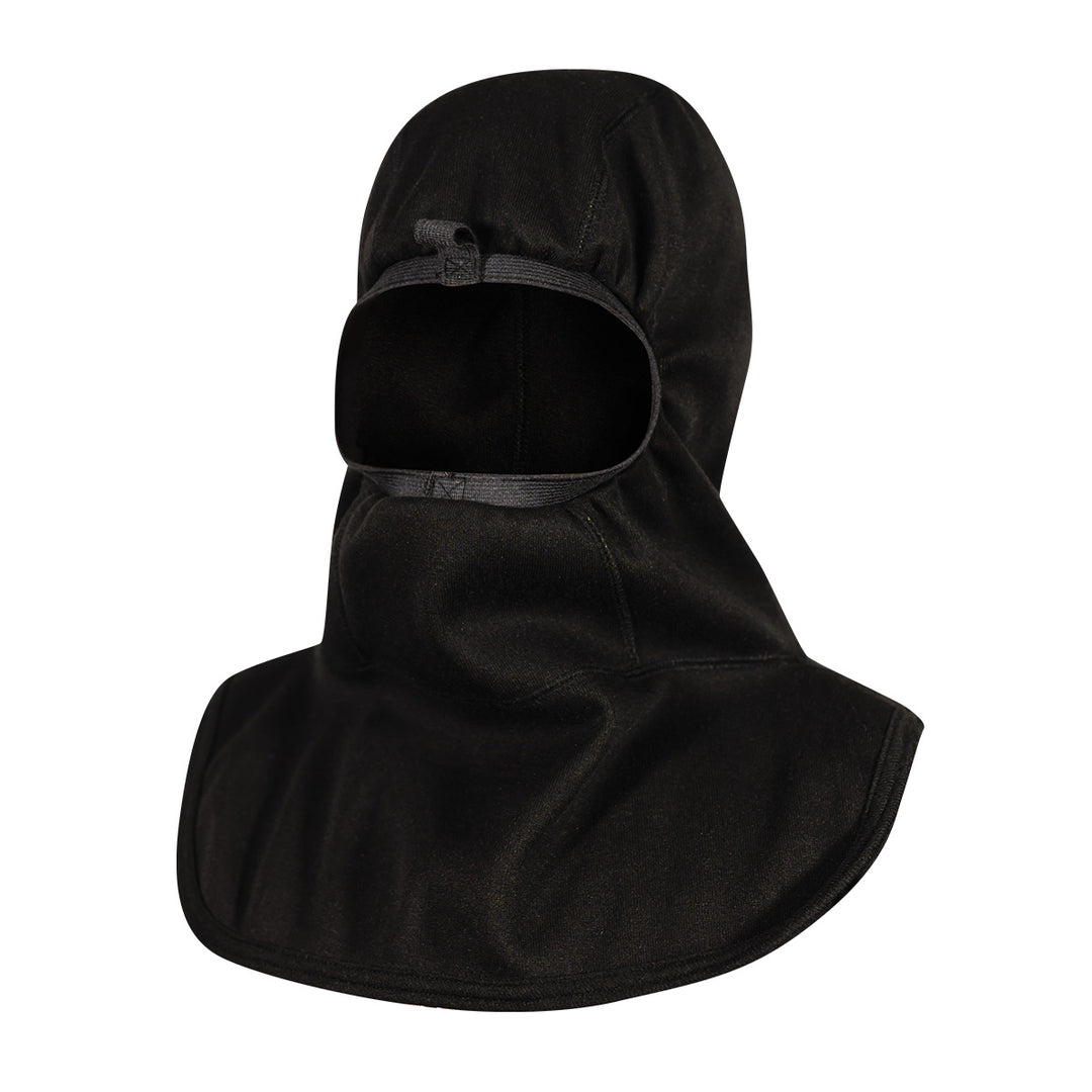 MajFire FORTEX Black structural firefighting hood – angle view, Nomex Nano Flex trilaminate, NFPA 1971-2025 certified