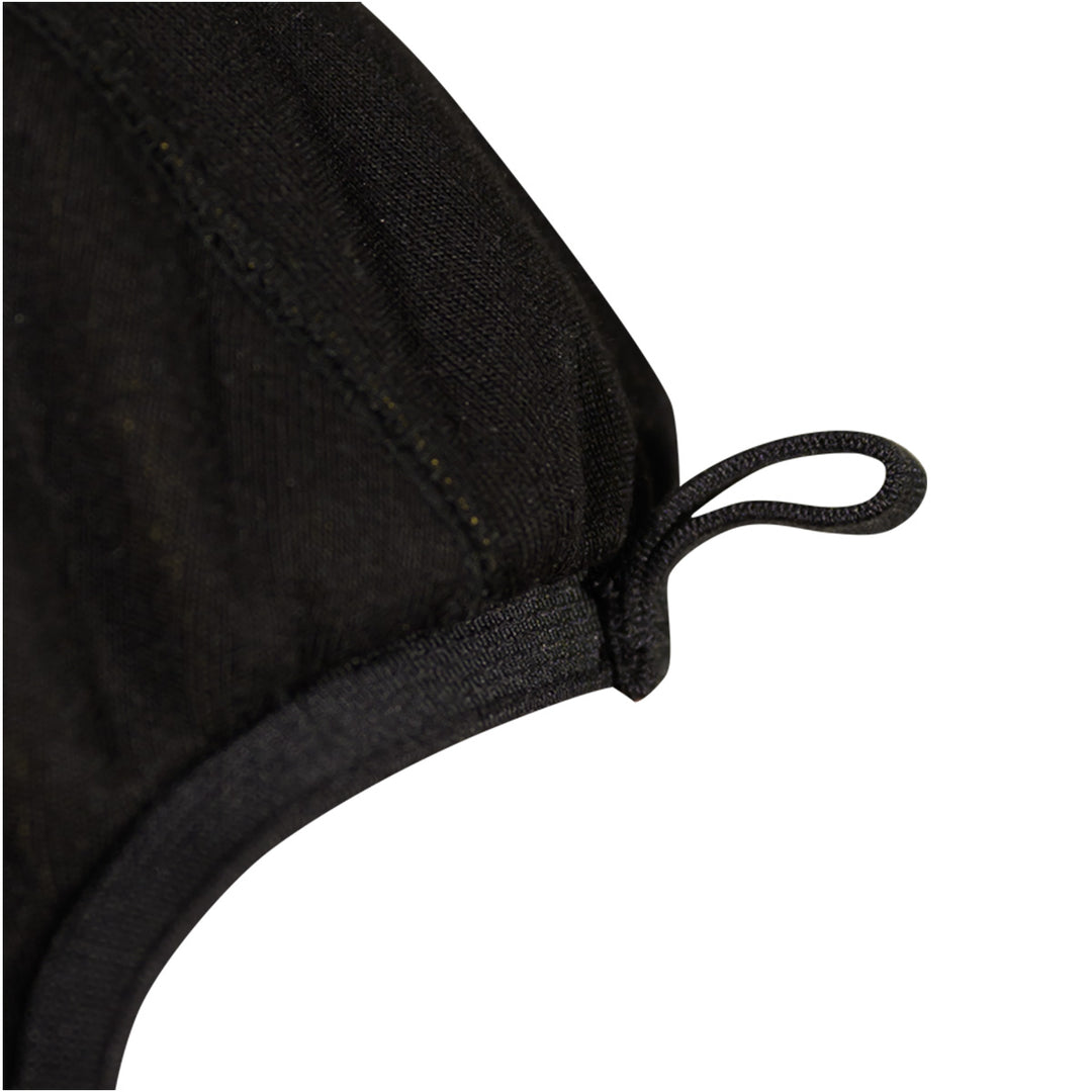 FORTEX Doff Assist Tab™ – integrated elastic tab at top of face opening for easy doffing and hood positioning