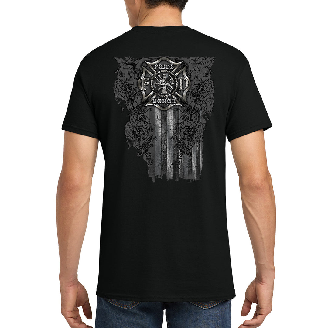 A man wearing a black short-sleeve t-shirt, viewed from the back. The shirt features a large distressed graphic on the back with a fire department cross, roses, and a vertical American flag design with the words 'Pride', 'Fidelity', and 'Honor'. #color_black