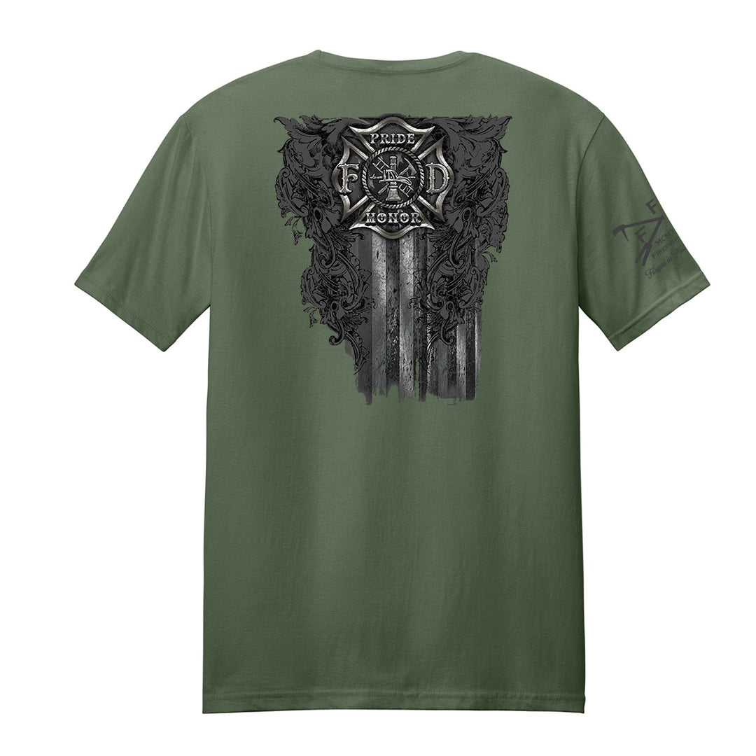 An olive green short-sleeve t-shirt shown from the back, featuring a large black and gray graphic print of a Maltese cross, roses, and vertical stripes with the words 'FAMILY Honor' on a white background. #color_military-green