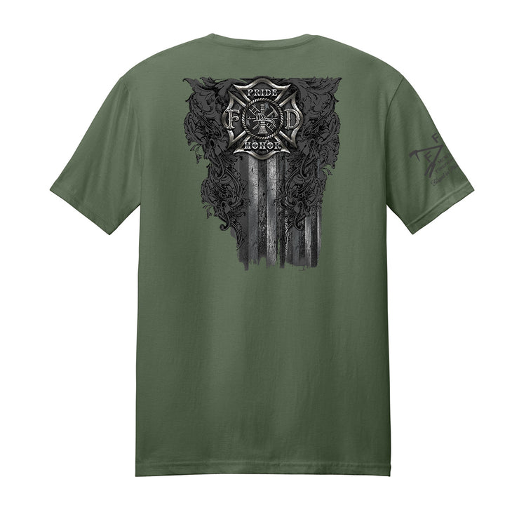 An olive green short-sleeve t-shirt shown from the back, featuring a large black and gray graphic print of a Maltese cross, roses, and vertical stripes with the words 'FAMILY Honor' on a white background. #color_military-green